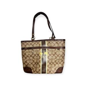 Coach Brown/Beige Signature Canvas/Leather Heritage Stripe Tote